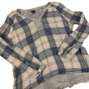 Blue and White Plaid Long Sleeve Blouse Size XL